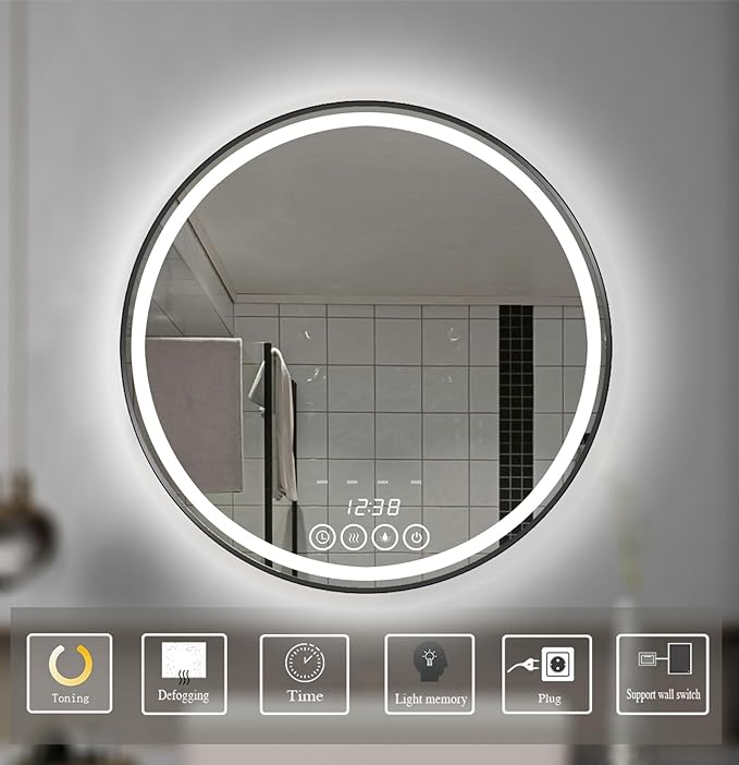 Wall-Mounted Round Bathroom Mirror with LED-Lights - Frame Vanity Mirrors (32" x 32", Black)
