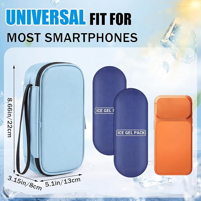 Phone Cooler Bag for Beach, Portable Phone Cooling Pouch with 2 Reusable Ice Packs, Keeps Cool in Extreme Heat for Car Pool Hiking, Extends Battery Life, Fits All Smartphones(Blue,PU)