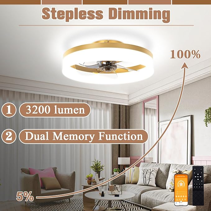 VOLISUN Low Profile Ceiling Fans with Lights and Remote,15.7in Modern Ceiling Fan Flush Mount, 3000K-6500K Dimmable Bladeless LED Fan Light,Gold Fandelier Ceiling Fans with Lights for Bedroom