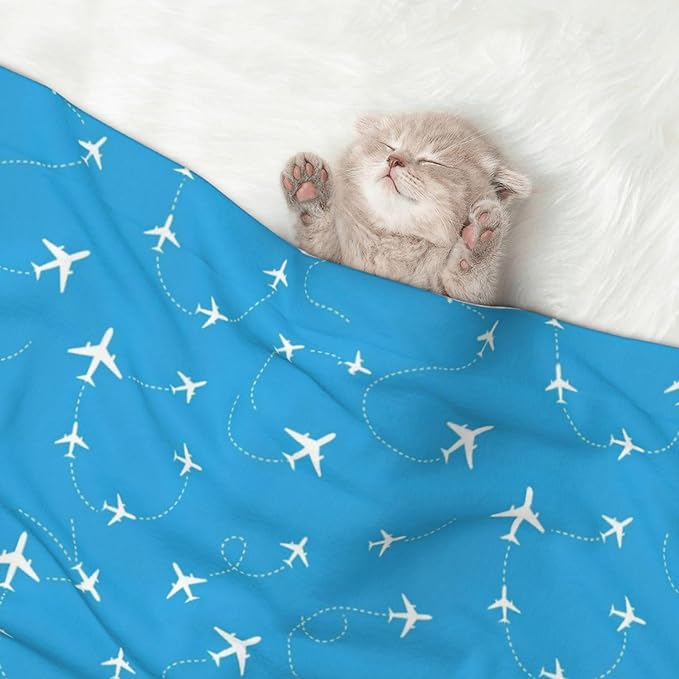 Pet Blanket for Travel and Home, Aircraft Airplane Pattern Navy Blue, Reversible Plush Dot Design with Soft Grip Texture on One Side Perfect for Car Seats Moving Vehicles