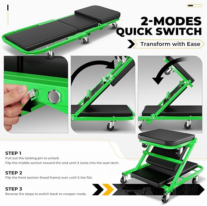 Auto Dynasty 40" Z-Creeper Seat, 2-in-1 Foldable Garage Creeper Shop Seat, 330 LBS Capacity Automotive Mechanic Repair Under Car Rolling Creeper Seat, Green