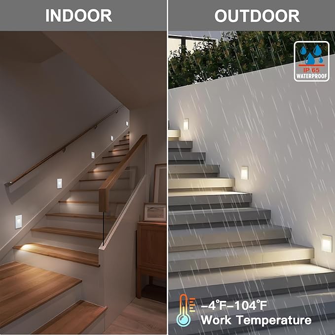 4-Pack Vertical LED Step Lights, Color Adjustable (2700K-5000K), IP65 Waterproof, 3W 70LM, 120V Stair Lights Indoor Outdoor, 10%-100% Dimmable, White, ETL Certified