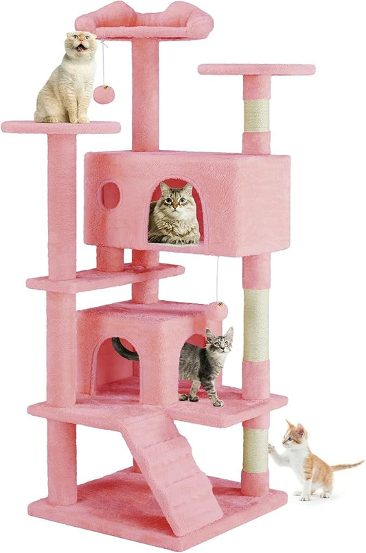 54 Inches Cat Tree Tower Condo Furniture, Cat Tower with Scratching Post, Multi-Level Climbing Tree Cat House Padded Plush Perch, Kittens Pet Play House, Light Gray