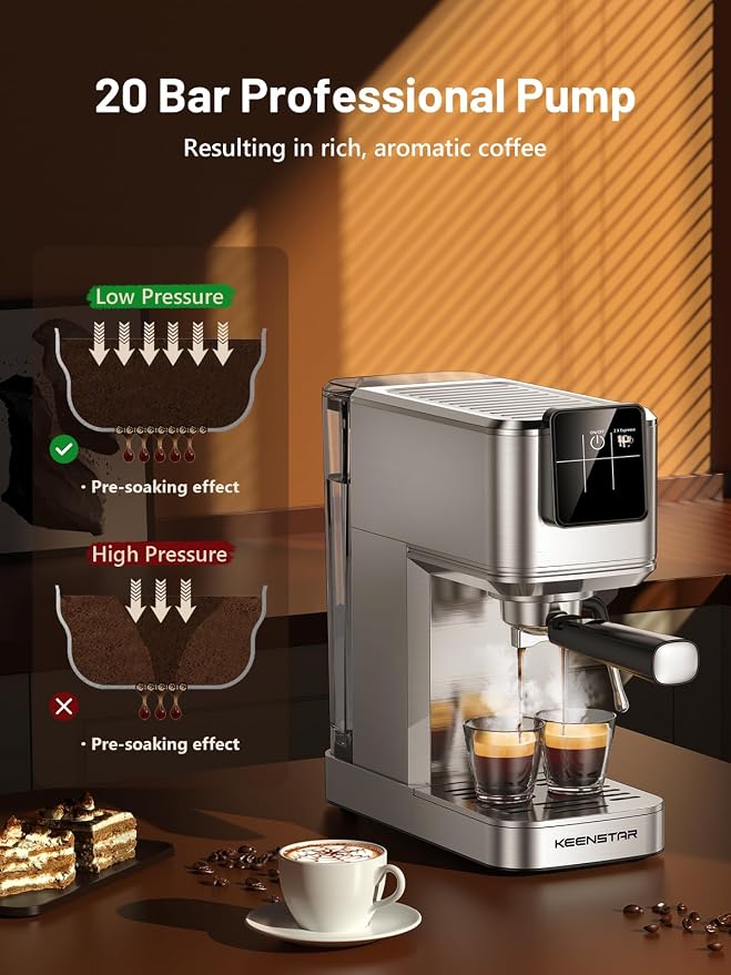 KEENSTAR 20Bar Espresso Machine, Hot & Iced Coffee Maker with Milk Frother | Stainless Steel, Touch Screen, Rapid Cold Brew, Espresso Maker with 40oz Water Tank for Latte, Cappuccino