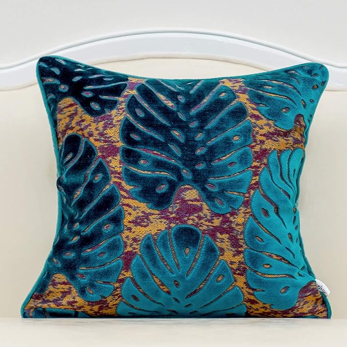 Alerfa 20 x 20 Inch Square Leaf Pillow Embroidery Cut Velvet Cushion Case Luxury Modern Lumbar Throw Pillow Cover Decorative Pillow for Couch Sofa Living Room Bedroom Car, Navy Blue