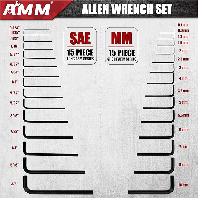 AMM 31-Piece Hex Key Wrench Set, Metric and SAE Allen Wrenches (0.028-3/8 inch, 0.7-10 mm) L Shape Allen Keys, Chrome Vanadium Steel
