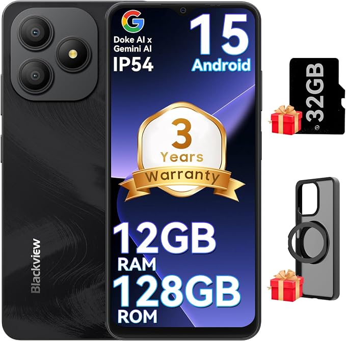 Blackview Wave 9C Unlocked Android Phones, Android 15 Cell Phone Unlocked, 6.56" Smartphones, 12+128GB/2TB���13MP+8MP���5000mAh���Fingerprint/Face ID, Black