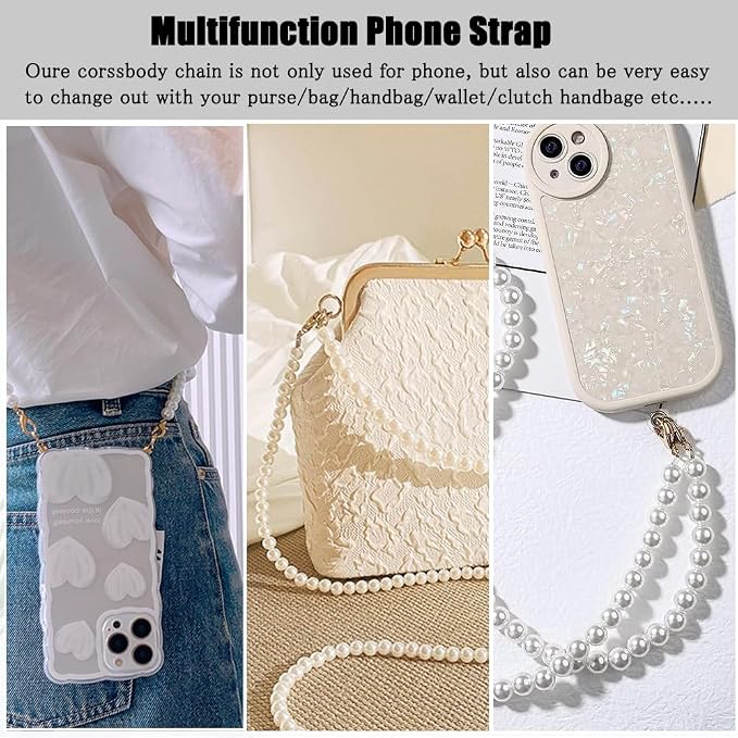 Phone Chain Crossbody Pearl Strap, Pearl Beaded Chain Shoulder Crossbody Lanyard with Phone Tether Patches Compatible with Most Phones Bag Purse