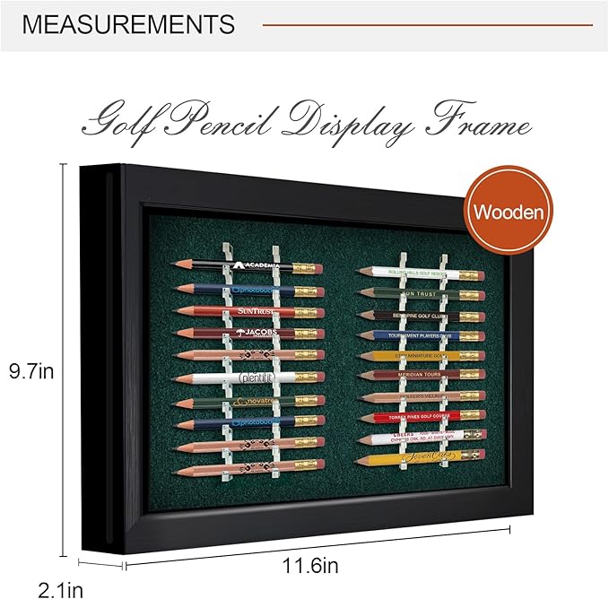 Golf Pencil Display Case, Holds 20 Round or Hexagonal Golf Pencils, Wall-Mount or Desktop Display Frame for Golf Tees, Home or Office Golf Decor and Collectibles
