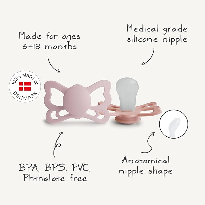 FRIGG Butterfly Anatomical SilkySoft Silicone Baby Pacifier | Made in Denmark | BPA-Free (Pretty in Peach/Primrose, 6-18 Months)