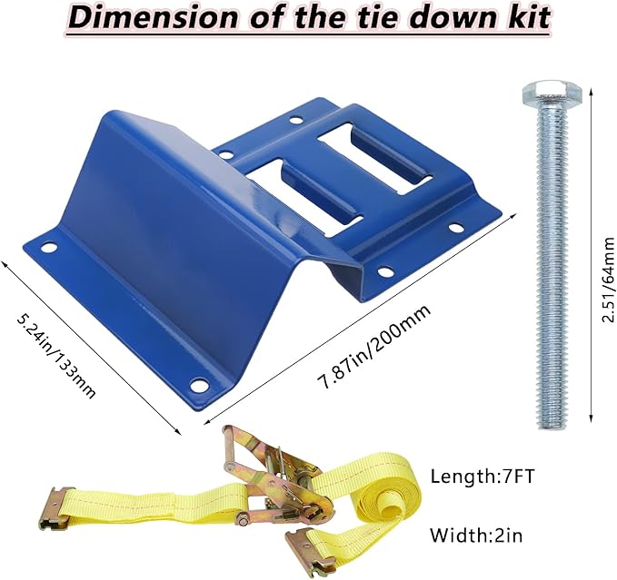 NovelBee Wheel Chock Tie Down Kit, Trailer Tie Down System for UTV, ATV & Mower (Blue Wheel Chock & Yellow Strap)