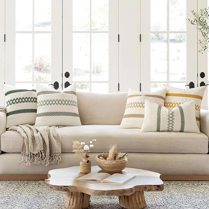 MIULEE Set of 2 Sage Green Boho Decorative Pillow Covers 20x20 Inch | Farmhouse Couch Throw Pillows, Modern Cotton Cushion Covers, Macrame Woven Spring Home Decor for Bed Sofa Chair