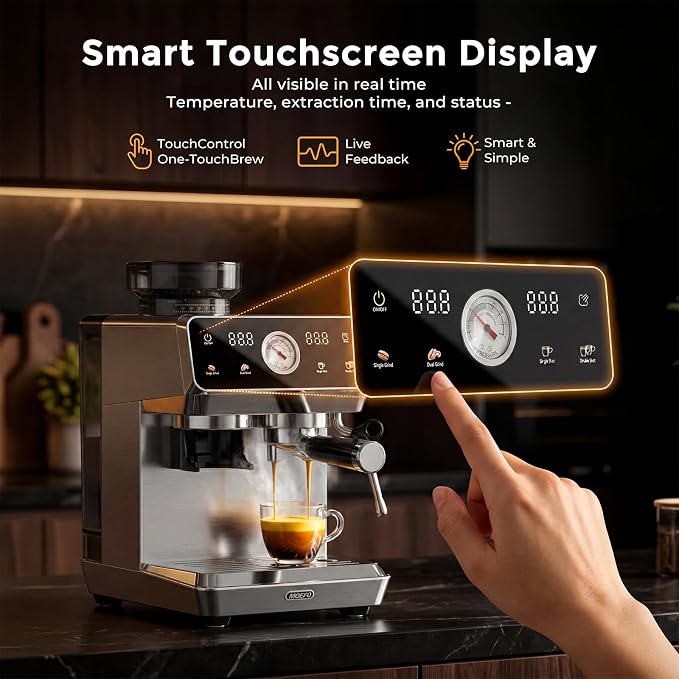 Espresso Machine with Grinder, 20-Bar Programmable Semi-Automatic Coffee Maker, Visual Pressure Gauge & Touchscreen, Compact Design with Tamper, Make Americano, Latte, Cold Brew, Silver