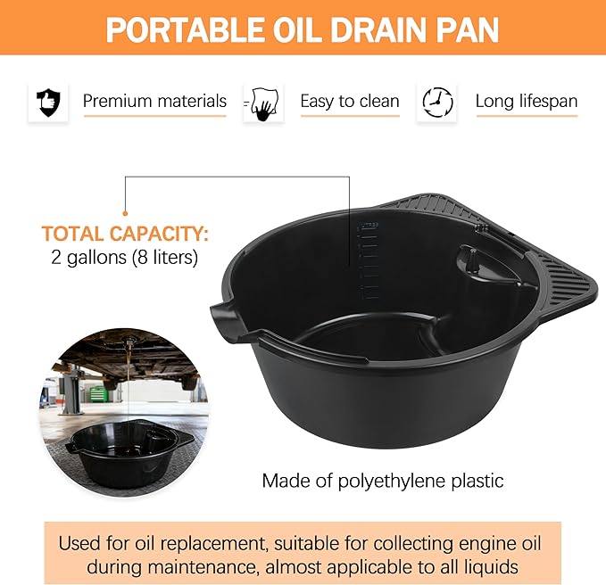 2 Pcs 2 Gallon (8L) Heavy Duty Oil Drain Pan, Portable Lube Drain Pan for Oil Changing - Fits Cars, Lawn Mowers, ATVs, Outdoor/Garage Use ﻿