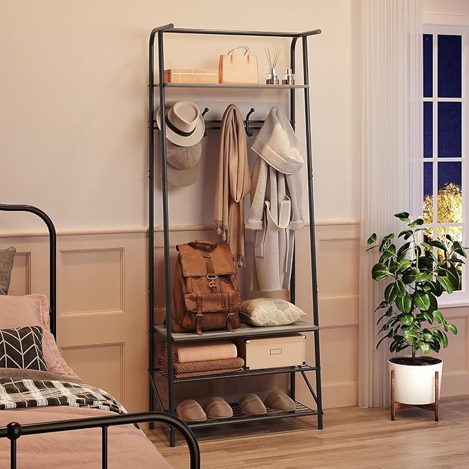 OUTLANE Entryway Hall Tree with 5 Hooks, Shoe Bench & Storage Shelf, Coat Rack Organizer with Wood Accents and Metal Frame for Entryway, Living Room, Bedroom, Gray-Single row