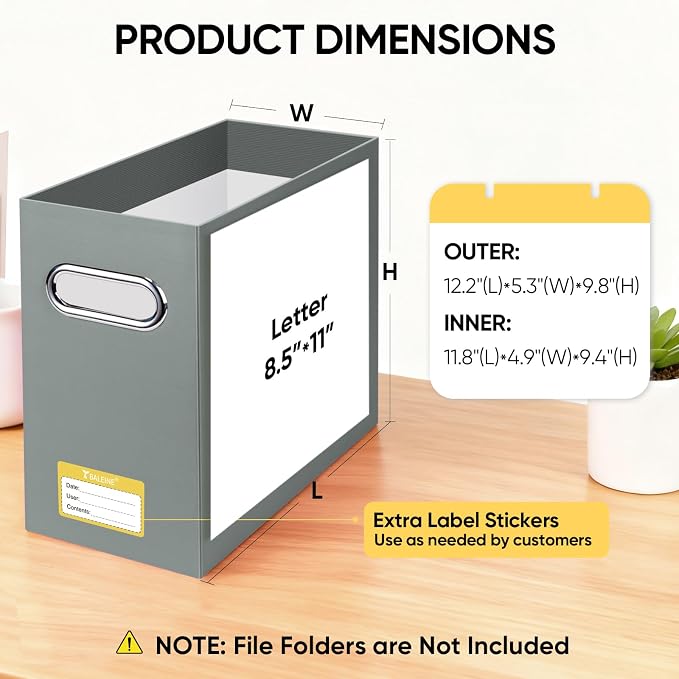 BALEINE File Organizer Box, Cardboard File Folder Organizer with Handle for Letter Size, Portable Collapsible Hanging Filing Box for Home Office Document Storage (2 Pack, Grey)