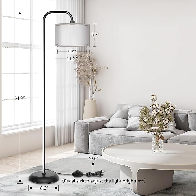 PARTPHONER LED Floor Lamp for Living Room, Modern Standing Lamp with Foot Switch Grey Organza Fabric Shade Tall Pole Reading Lamp for Bedroom Study Room Office, 9W Bulb Included