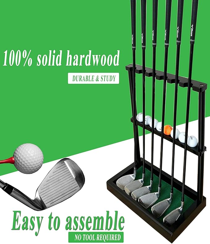 Golf Club Holder Stand, Wooden Golf Putter Stand Floor Display Rack, Golf Club Organizer Hold up to 6 Clubs and Ball Storage, Putter Rack for Indoor Club Simulator or Office