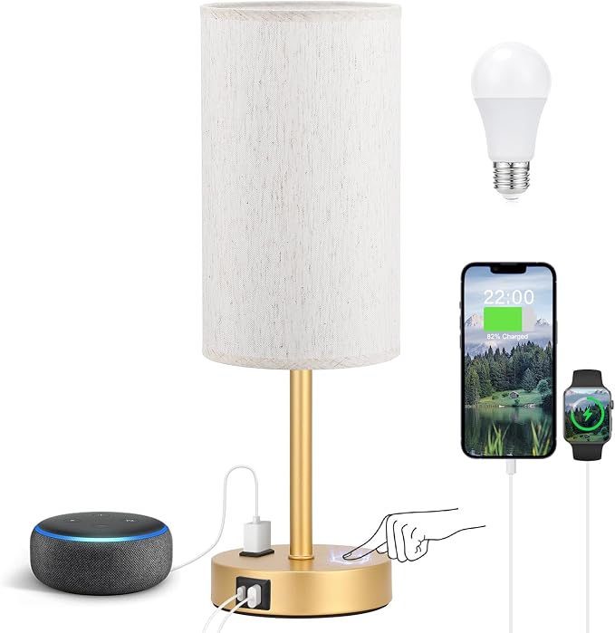 Fenmzee Touch Table Lamp - Cream, 3-Way Dimmable, USB A + C Charging, AC Outlet, 17.4inch Medium, Gold Metal Base