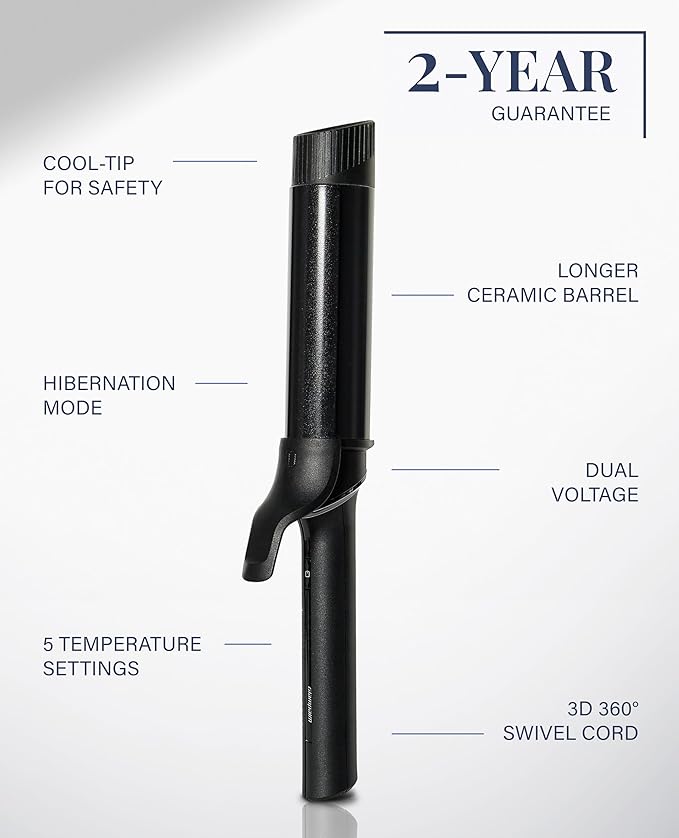 GLAMPALM Professional Curling Iron 1.4" - Long Barrel Ceramic Hair Curler for Women, Korea's No.1 Salon Hot Tool, 5 Temps & 30s Heat-up, 3D Swivel Cord & Dual Voltage, Black (GP628) (1.4")