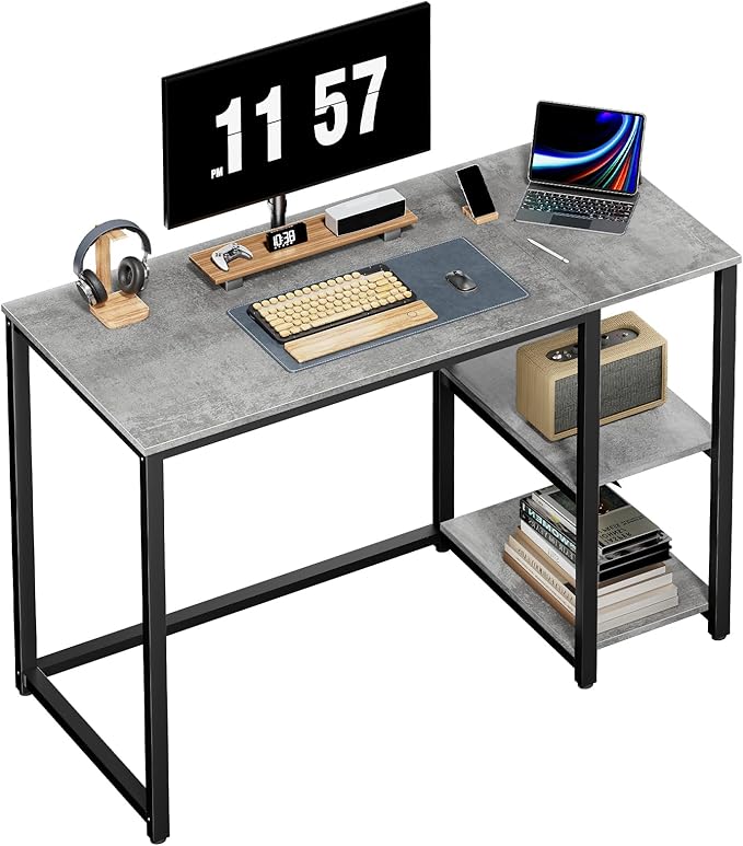SINPAID Computer Desk 40 inches with 2-Tier Shelves Sturdy Grey Desks with Large Storage Space Modern Gaming Desk Study Writing Laptop Table, Gray