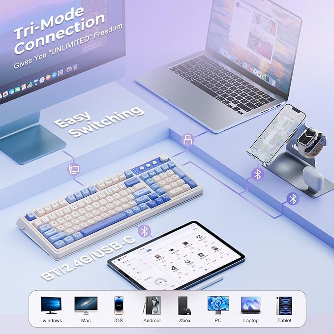 AULA S99 Wireless Keyboard,Bluetooth Computer Gaming Keyboards | 99 Keys with Number Pad,RGB Backlit,Programmable,Creamy Sounding,Tri-Mode BT/2.4GHz/USB-C,2000mAh Thocky Membrane Keyboard