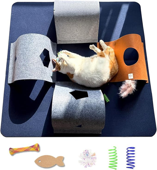 Cat Tunnel Mat for Indoor Cats,4-Way Felt Cat Tunnel Play Mat with Feathers & Bell 6 Pcs Interactive Cats Enrichment Toys Set Foldable Kittens Cave Hideout for Pet Hide & Seek(Navy Blue)