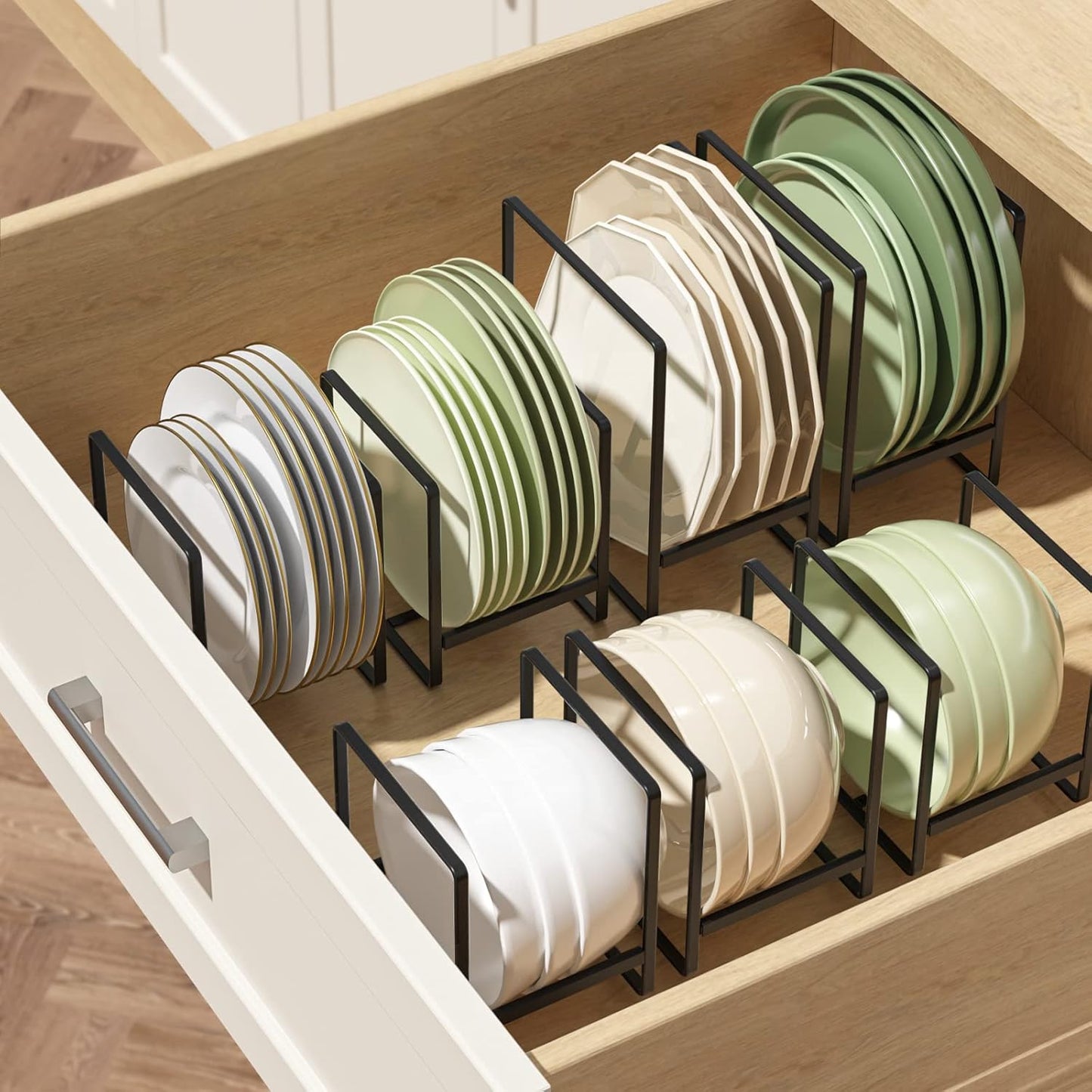 2 Large 2 Small Plate Organizers Holders Upright Cabinet Dish Drying Racks Metal Plate Dish Organizers Racks Stands for Countertop and Cupboard Black