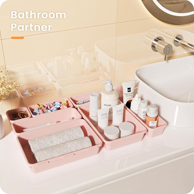 【Military Grade】A-LuGei Drawer Organizer,【】Makeup organizer,【Holds 177 Items】Bathroom Organizers and Storage,Organization and Storage,Desk Drawer Organizer for Vanity【Pink】