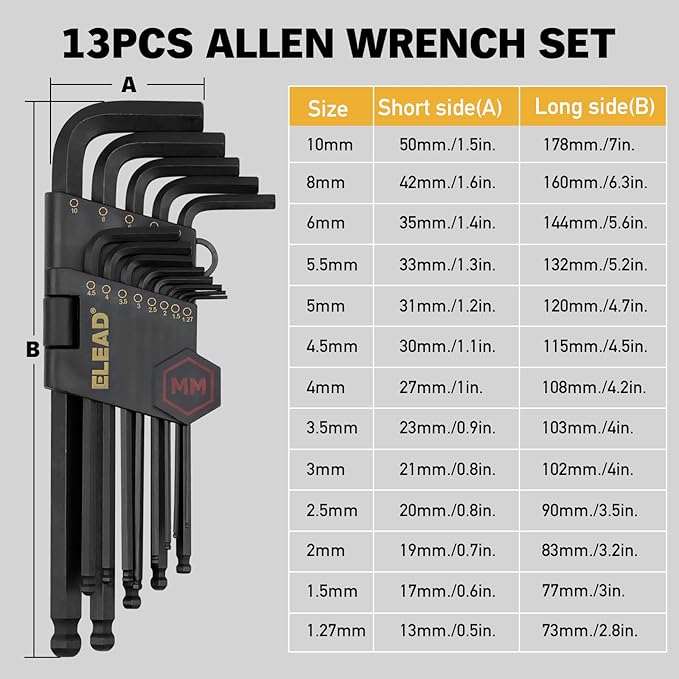ELEAD 15-Piece Metric Hex Key Allen Wrench Set with Extension Bar, 1.27-10 MM, Long Arm Ball End Design, Heat-Treated S2 Steel