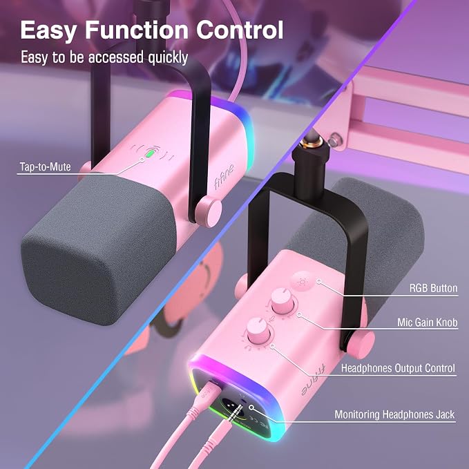 FIFINE AmpliGame AM8TP XLR Gaming Microphone USB PC Dynamic Mic Kit | Streaming RGB Mic with Headphone Jack, Mute Button, Boom Arm Stand for Computer/Mixer, for Vocal, Recording, Podcast, Pink