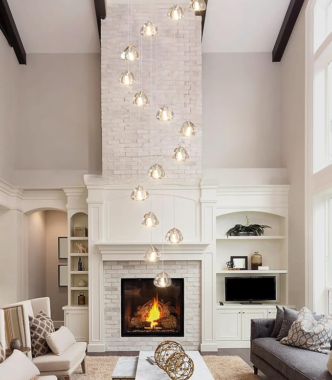 LED Glam Chandelier 118 inches Long Light Luxury Crystal Ceiling Chandeliers Remote Dimmable High Ceiling Pendants Lighting Fixtures Brushed Nickel 15 Lights