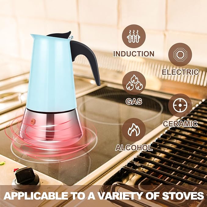 2 Cup Stovetop Espresso Maker Stainless Steel Moka Pot Stove Top Percolator Italian Coffee Makers Capable Mocha Greca Machine Cafe Classic Induction Cookers for Home and Camping 100ml 3.3oz