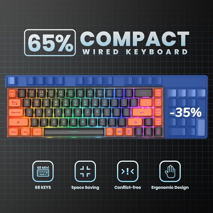 GEODMAER 65% Gaming Keyboard, LED Backlit Mini Wired Keyboard, Ultra-Compact Anti-Ghosting No-Conflict 68 Keys Membrane Gaming Wired Keyboard for PC Laptop Windows Gamer(Black-Orange)