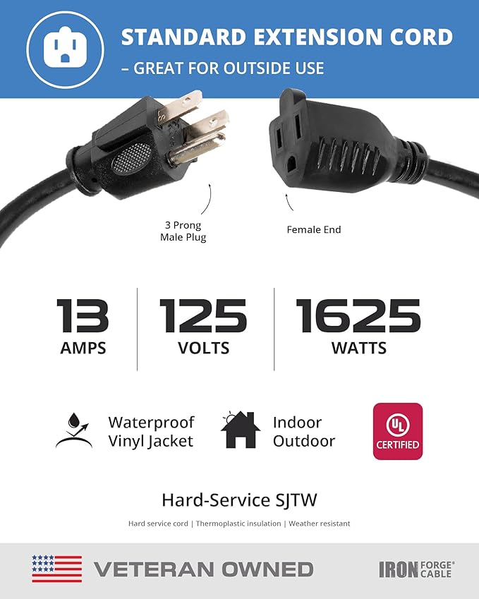 Iron Forge Cable 2 Pack 15 Ft Black Extension Cord, 16/3, 15 Foot Extension Cord, 3 Prong, Weatherproof - Great for Outside Use