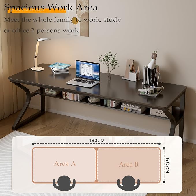 OSCHF 71-Inch Extra Long Desk with Storage Shelf, Black | Double Long Writing Table, Space-saving, 2-Person Workstation, Modern Study Work Computer Desk, For Home Office