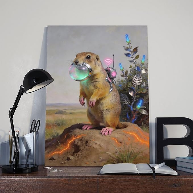 Framed Steampunk Mechanical Prairie Dog Wall Art - Retro-Futuristic Wilderness Poster for Living Room Game Room Decor 08x12inch(20x30cm)