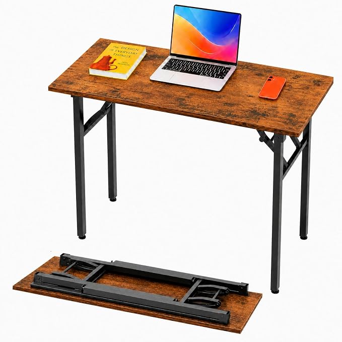 Folding Table Computer Desk - 43.3" No Assembly Folding Desk Design and Foldable Office Desk, Small Desk for Bedroom, Compact Storage Portable Use for Dorm and RV Small Space, Rustic Brown