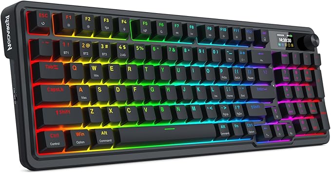 Redragon K719 PRO Wireless 95-Key Gasket Gaming Keyboard, TFT Screen & Knob | Easy-Control LED Info Display, 0-Delay Tri-Mode, Cushioned 5-Layer Noise Dampening for Creamy Thocky Sound, Practical 95 keys