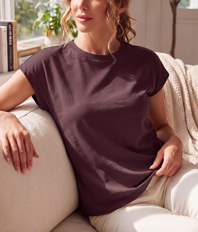 GRECERELLE Womens Summer Tops Cap Sleeve Crew Neck Basic T-Shirt | Everyday Casual Wear, Layering Friendly, Wrinkle-Resistant, Business Casual Ready, Lightweight & Packable, Capsule Wardrobe