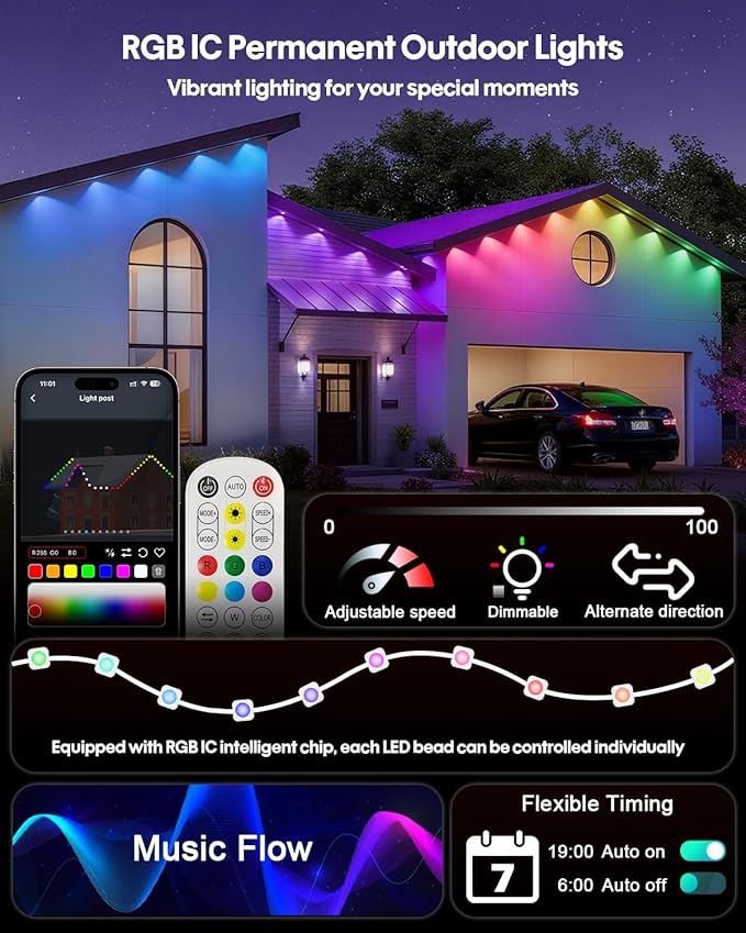Smart Permanent Outdoor Lights, 200FT 120LEDs Color Changing RGB IC Wall Lights, APP & Remote Control, Music Sync, Dynamic Lighting for House, Living Room, Ceiling, Eave Party Xmas Decor
