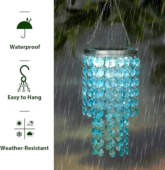 Hanging Solar Crystal Chandelier Outdoor, 21” Modern Solar Blue Acrylic Beaded Lantern with Cool White LED S Hooks for Garden Yard Patio Gazebo Outside Decor