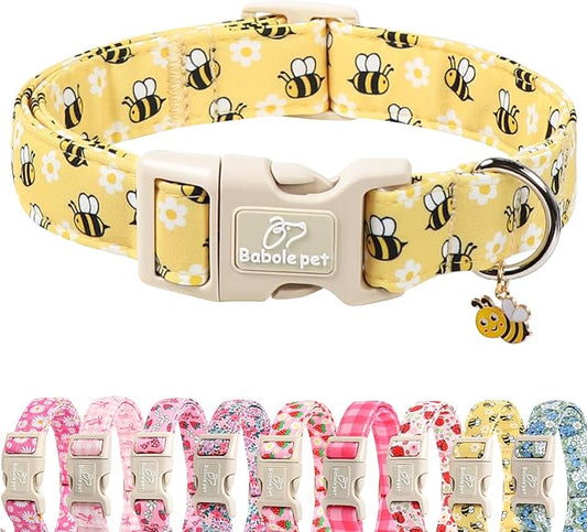 Bee & Daisy Dog Collar for Large Dogs - Spring/Summer Cartoon Yellow Dog Collars, Lightweight Adjustable Male Female Dogs Collars with Quick Release Buckle L