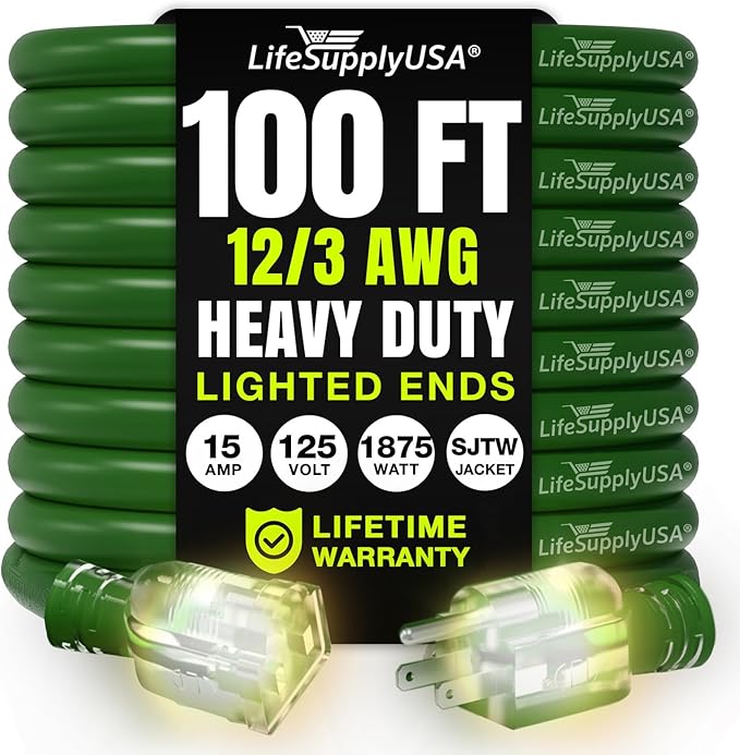 100ft Outdoor/Indoor Extension Cord 12/3 Gauge Extra Heavy Duty 3 Prong SJTW, Waterproof, Flexible Cold-Resistant Long Power Cord,15A 125V 1875W, Green by LifeSupplyUSA