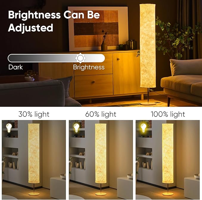 58" Modern Floor Lamp with Tyvek Fabric Shade 3000K Warm White LED Slim Standing Light,Column Cylinder Paper Lantern Floor lamp for Living Room, Bedroom, Game Room