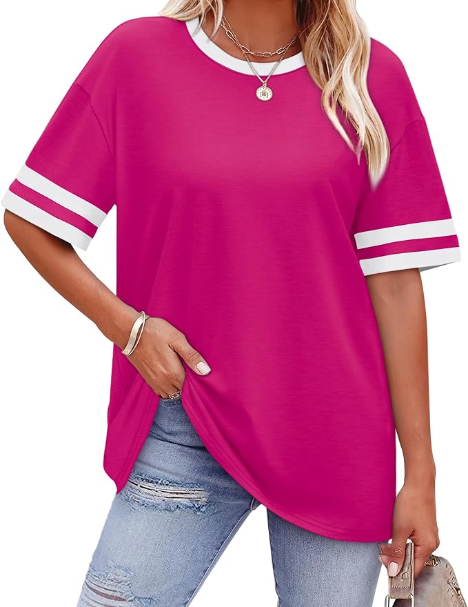WIHOLL Womens T Shirts Loose Fit Short Sleeve Tees Crew Neck Color Block Summer Tops 2026 Fashion