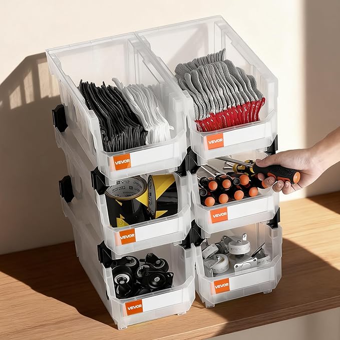 VEVOR Plastic Stackable Storage Bins, 14.8 x 8.5 x 7.1 inch (6 Pack), Plastic Containers for Organizing & Storage Bins for Closet, Garage, Small Parts, Office Supplies, Other Accessories, Transparent