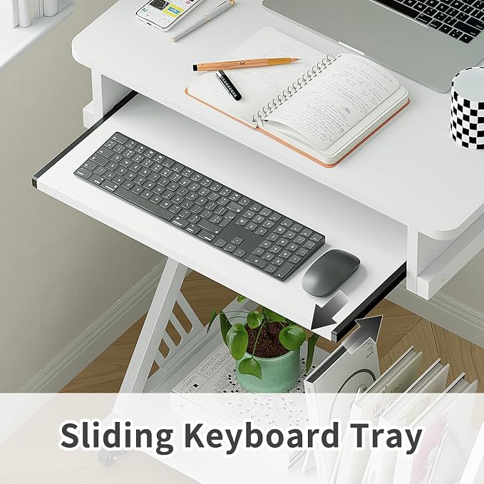 ALISENED Computer Desk for Small Spaces Compact Desk with Keyboard Tray | 23.6" Z-Shaped, with Wheels and Bottom Shelves, for Home Office, Computer Cart Mobile Laptop Cart, White