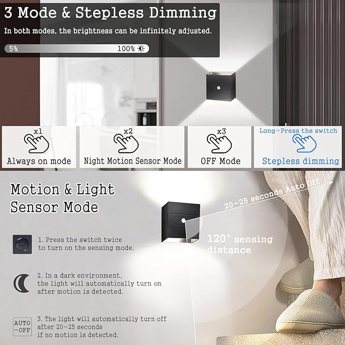 Wall Lights with Motion Sensor Indoor LED Modern Wall Lamp Brightness Adjustable Wall Sconce Recargables USB Con Batería Lighting Fixtures for Living Room Bedroom Corridor (White Light,White)