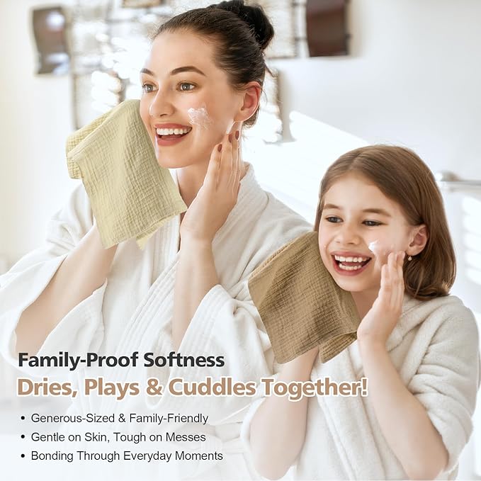 MUKIN Baby Washcloths,Muslin Burp Cloths Towels for Newborns,Absorbent Cotton Bath Face Towel ，5 Pack, 12x12 Inches (Amber Glow)